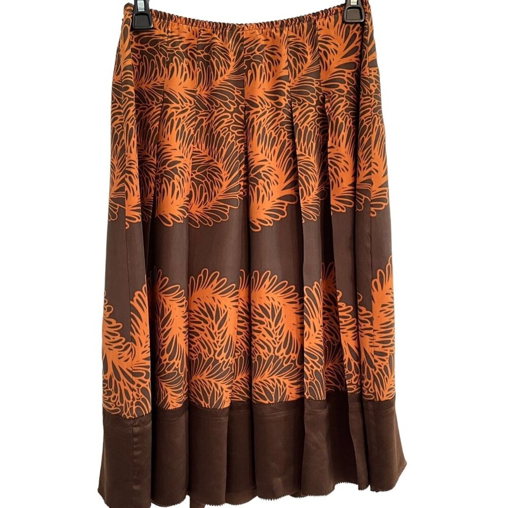 J.JILL 100% Silk Pleated A-Line Skirt Brown Orange Leaves Fall Colors Size 4P
